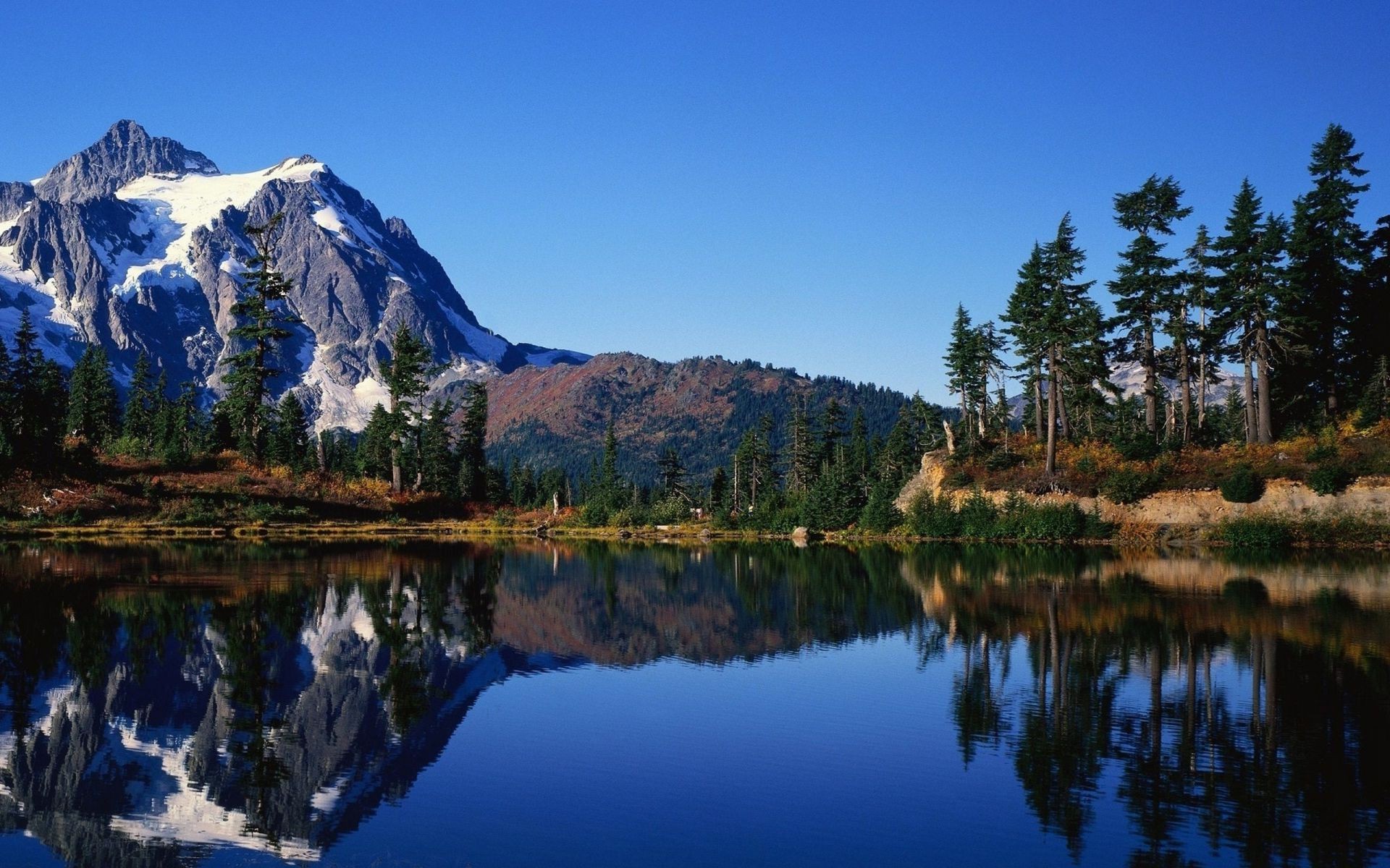 lake reflection water nature mountain outdoors landscape travel scenic sky wood snow