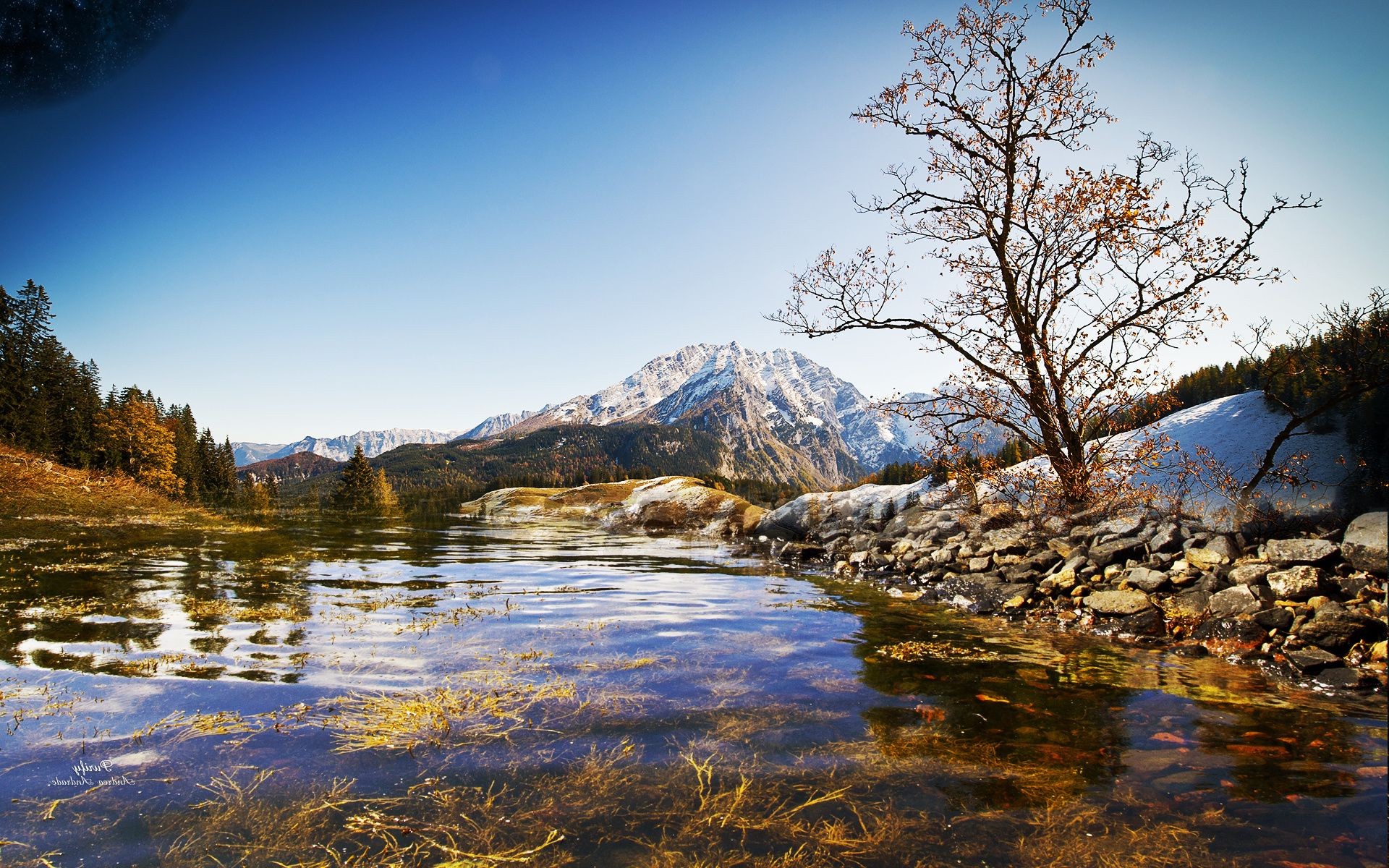 mountains landscape water nature lake reflection tree snow sky mountain river fall wood scenic travel outdoors