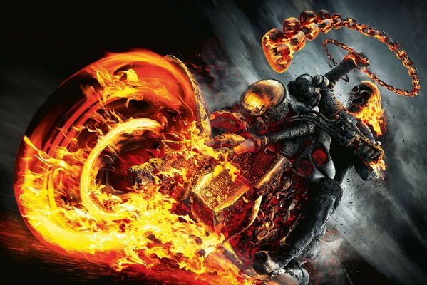 Ghost Rider se précipite sur un moticycle en feu