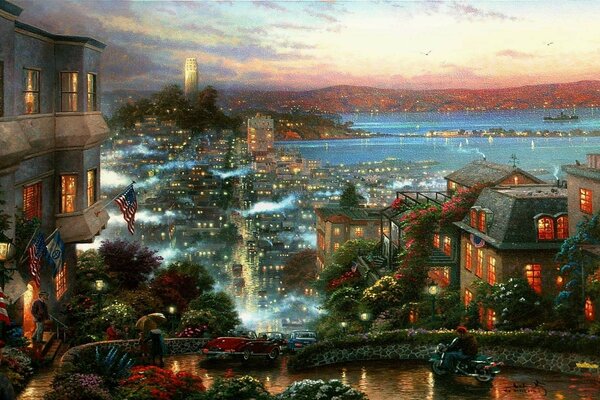 Thomas kinkade road city fog