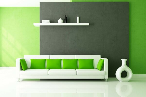 हरी दीवारें और एक हरा सोफा