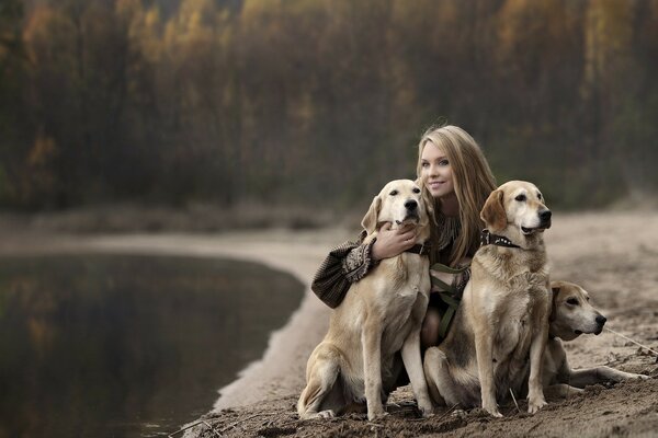 Walking two dogs outdoors