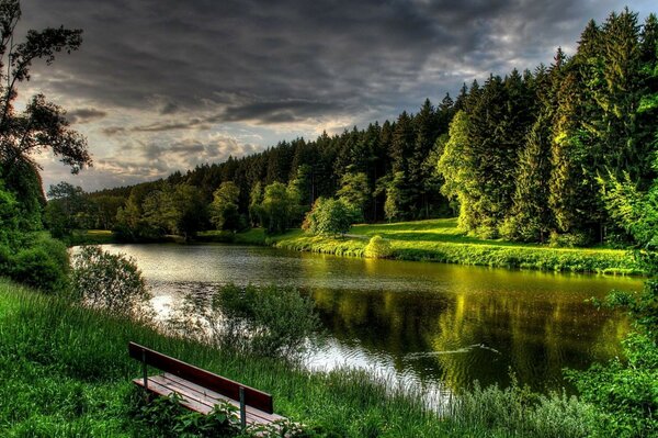 Shop by the pond. Nature landscape