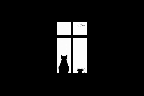 Silhouettes of a cat and a mouse on a window background