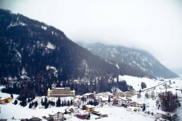 Miasteczko Snow Resort Alpy góry tilt-shift zima