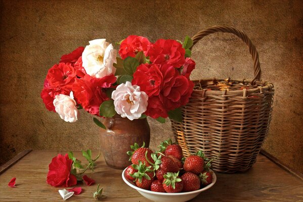 A bouquet of flowers in a vase. Still-life. Berries