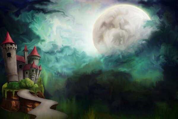 Drawing full moon towers road moon castle clouds