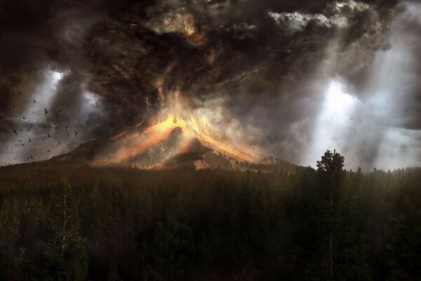 Erupção vulcânica na floresta escura