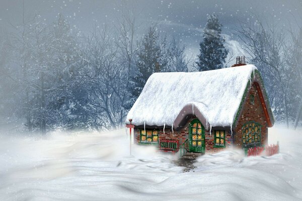 Lonely hut in the cold winter in the forest