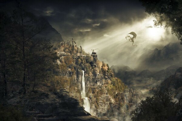 Fantasy landscape waterfall in the mountains