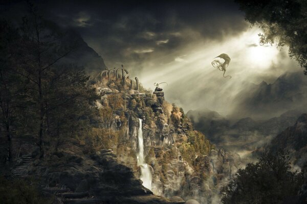 Фэнтези пейзаж водопад в горах
