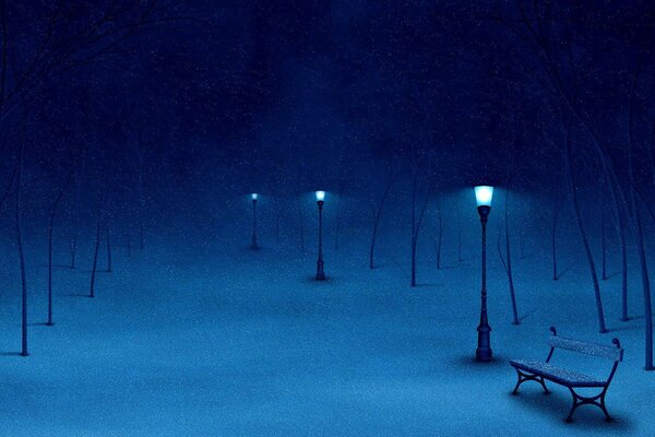 A street in the snow lit by lanterns