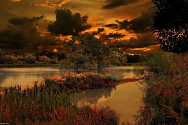 Pôr do sol de outono no lago entre as árvores