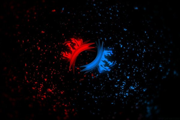 Red and blue figures on a black background