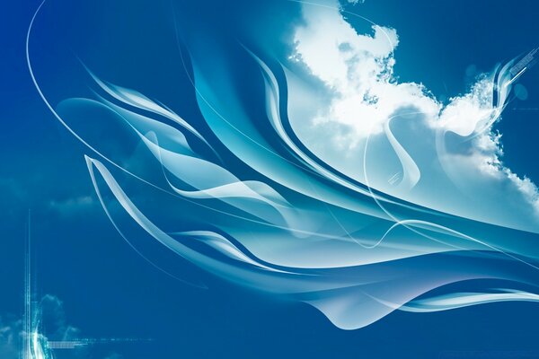 Abstract white flowing lines in clouds of blue sky