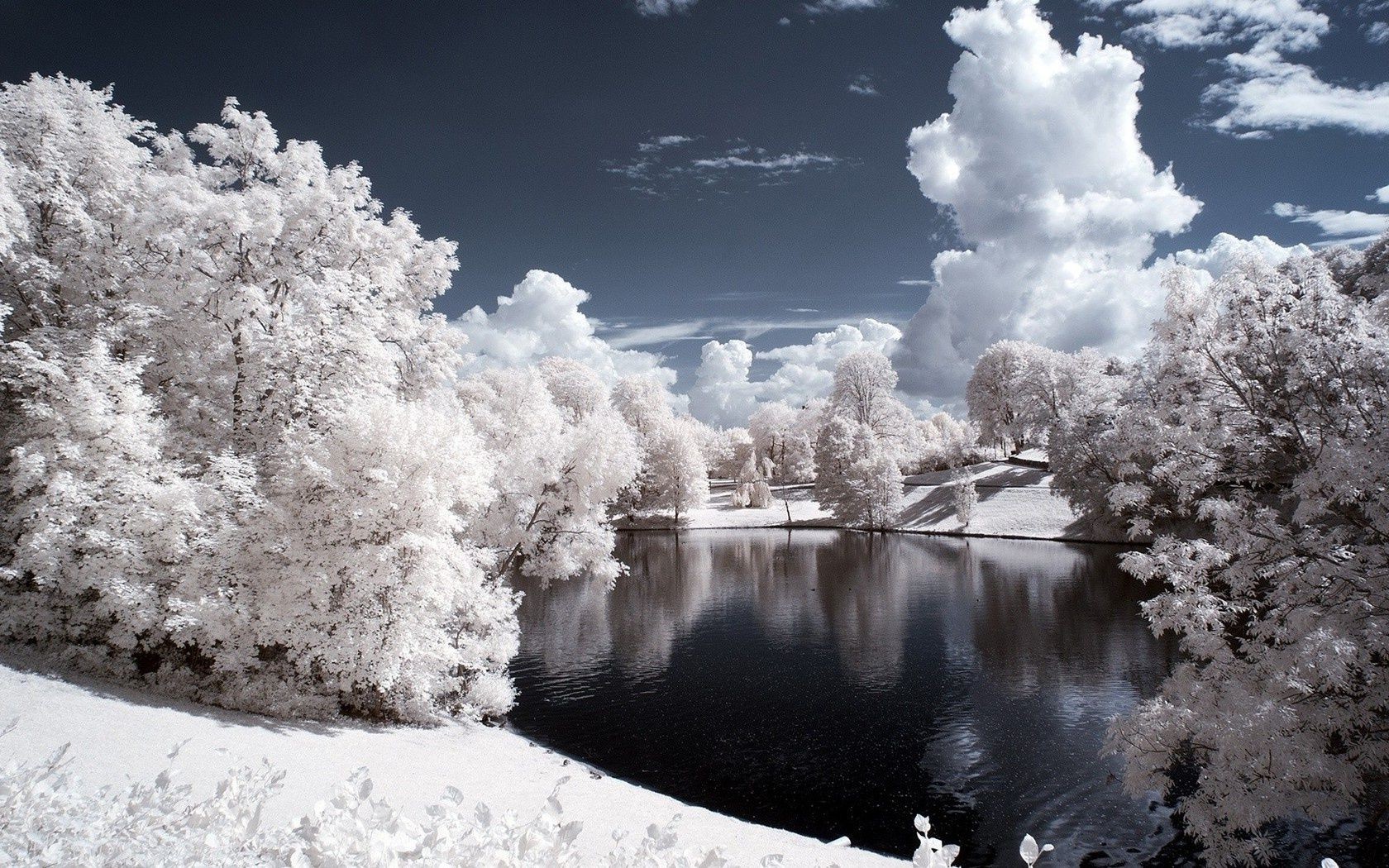 lake snow winter frost cold frozen ice landscape infrared tree season weather nature wood snow-white icy scenic park