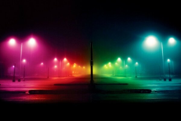 Multicolored lanterns on a dark street