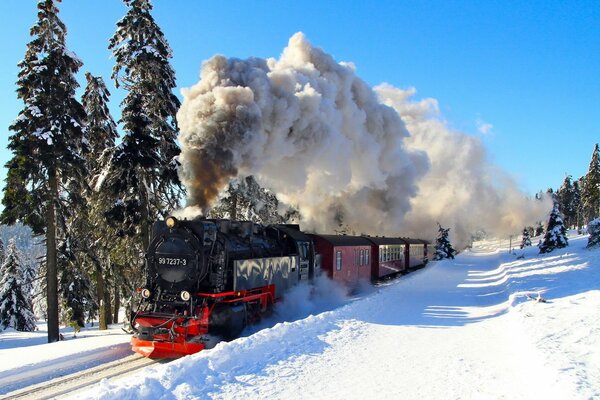 A roaring steam locomotive rushes through the snow