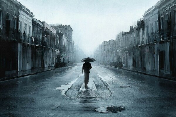 The road is deserted in the rain, only an umbrella as a roof from the weather