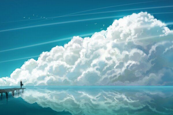 Anime for desktop, sky, pier, man