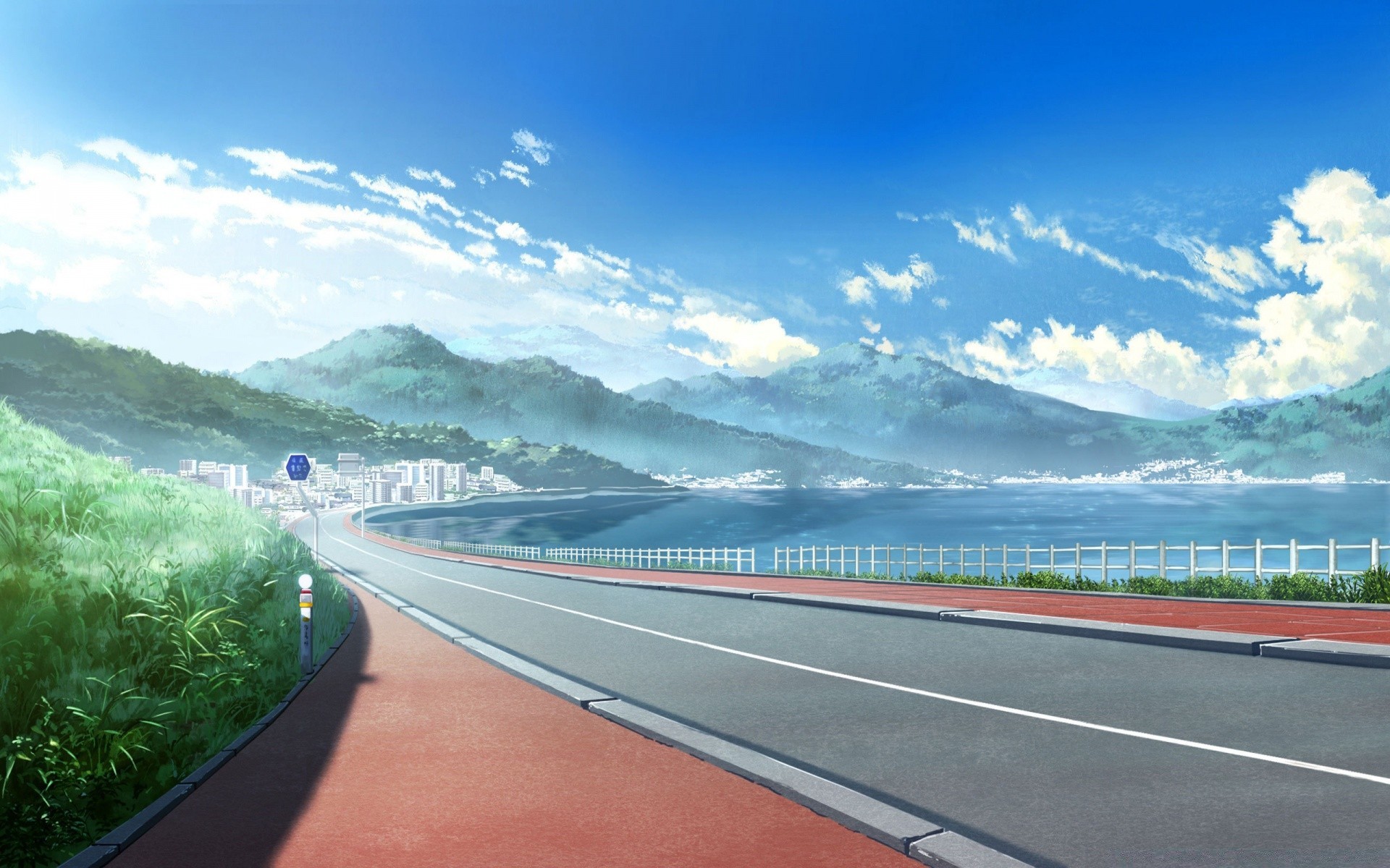 anime travel sky road asphalt nature transportation system outdoors highway landscape water summer