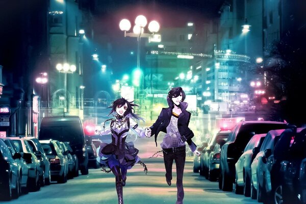 Due ragazze anime che corrono per la città di notte