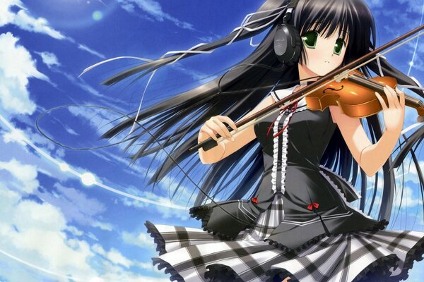 A girl with a violin against the sky