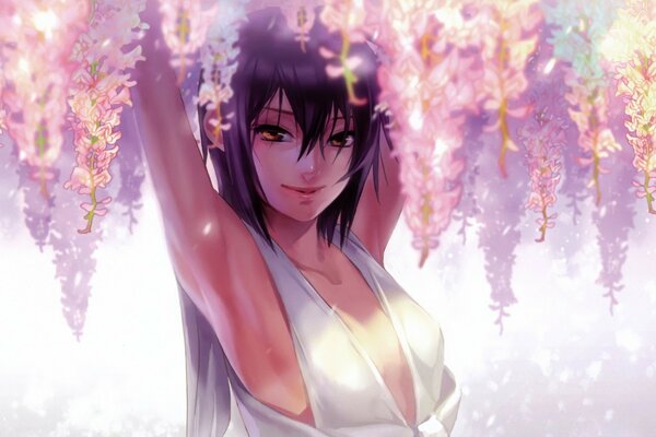 Anime girl sous un arbre en fleurs