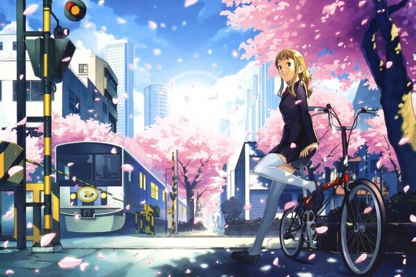 Chica anime cerca de la bicicleta