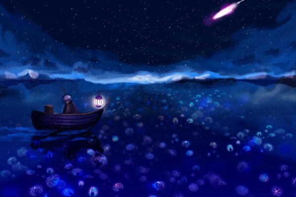 A lonely guy on a boat floats on the blue surface with jellyfish