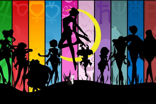 Black silhouettes of animated girls on a colored background