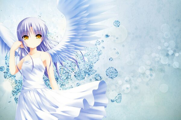 Anime in a white dress in the form of an angel