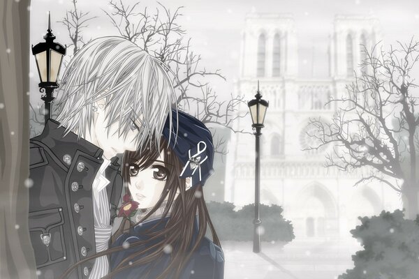 Couple d amoureux dans le parc d hiver