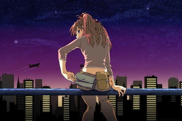 Anime mujer escuchando música bajo la Luna