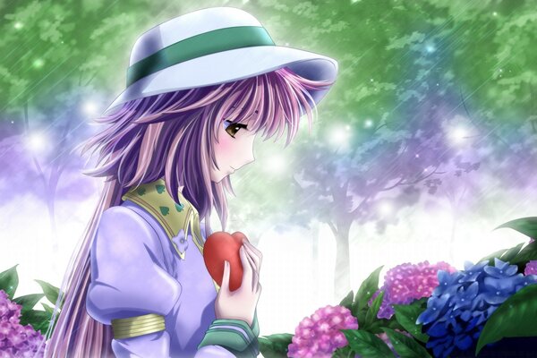 Chica de anime de pie en el Jardín con el corazón