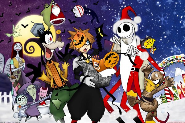 Cartoon characters, snow and New Year