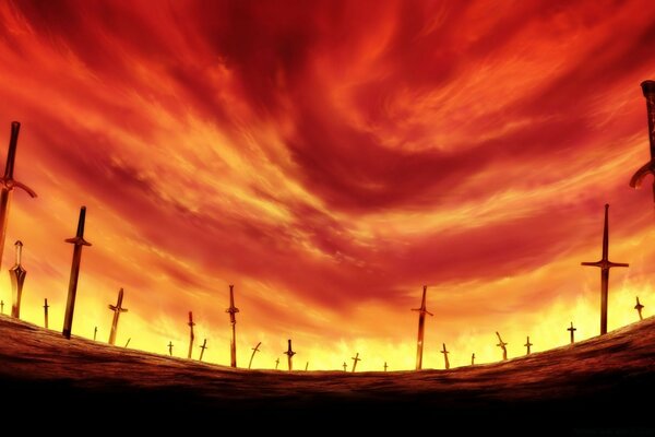 A fiery landscape with swords stuck in the ground