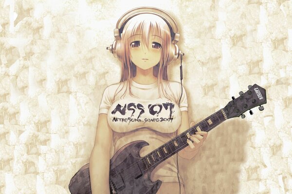 Anime menina com guitarra e fones de ouvido