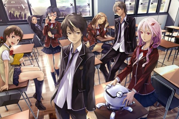 Boys and girls in an anime school