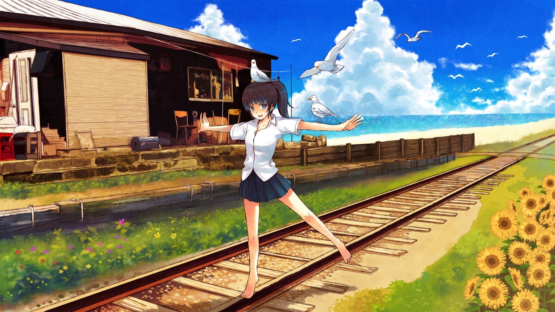 anime viajes verano cielo al aire libre vacaciones naturaleza vacaciones chica ferrocarril agua luz del día madera tren estilo de vida diversión sistema de transporte árbol