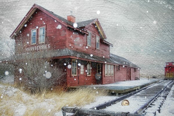 View house, rails, train in winter