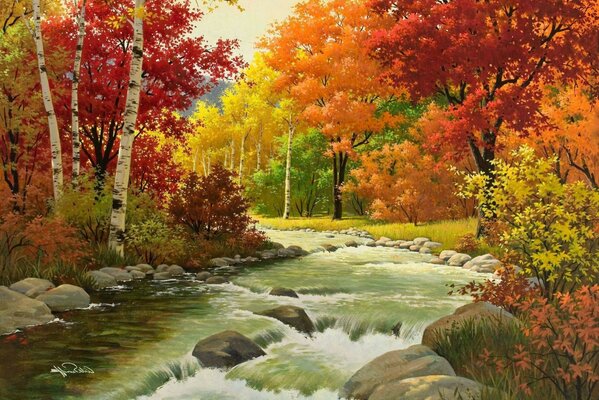 Pintura bosque de otoño y río de montaña