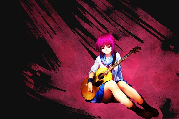 Anime woman with guitar in skirt