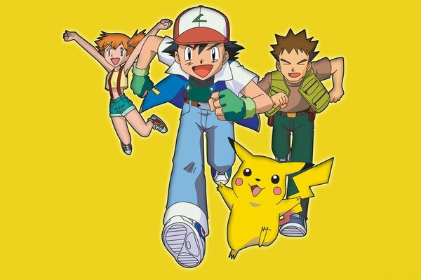 Équipe Pikachu s exécute sur fond jaune