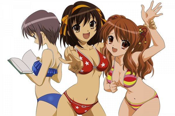 Three girls in anime swimwear