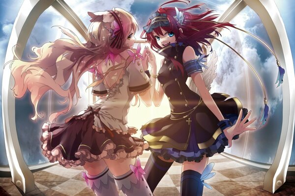 Duas personagens de anime em vestidos curtos e meias, com o cabelo esvoaçante