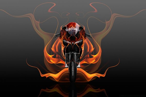 A powerful motorcycle with abstract flames on a gray background