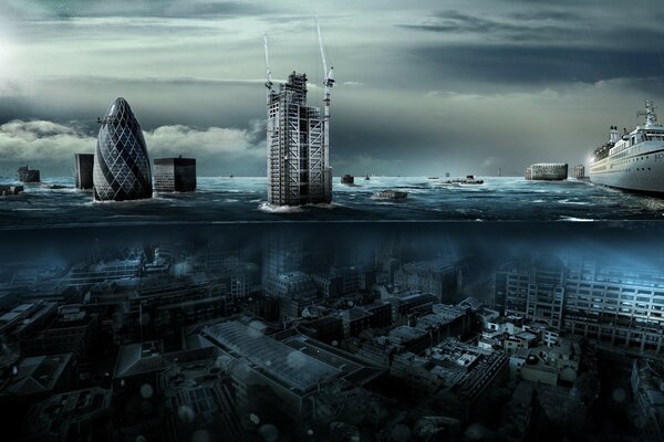 Underwater-surface image of a fantastic city