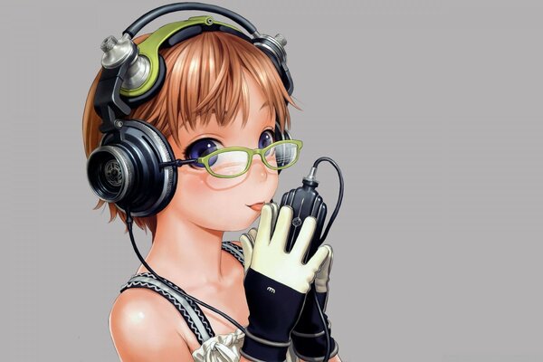 A girl with headphones and green glasses