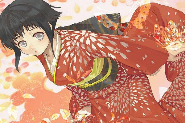 A girl in a bright red kimono